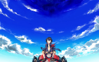 Anime character sitting giant object - blue sky free wallpaper