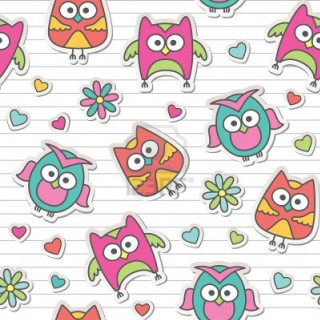 Colorful owls hearts lined paper - pop surrealism free wallpaper