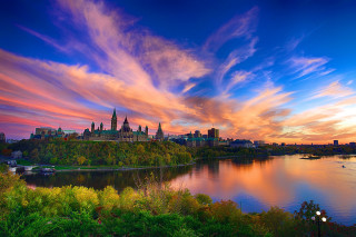 Sunset city lake bridge boat - colorful cloud free wallpaper