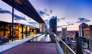 Balcony city pool sunset dawn - modernism free wallpaper