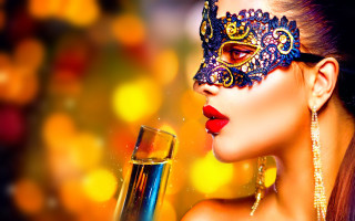 Woman mask wine glass bottle - rich vivid color free wallpaper