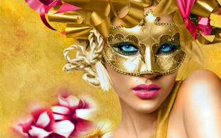 Woman mask flower yellow background - digital painting free wallpaper