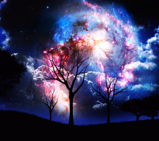 Spiral galaxy trees blue sky - free new year wallpaper