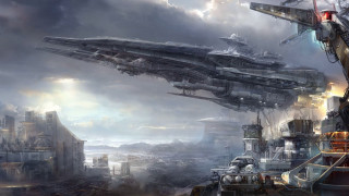 Futuristic city ship sky buildings - huge free wallpaper