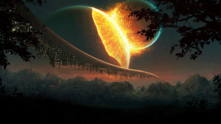 Planet ring city lights painting - a painting of a planet free wallpaper