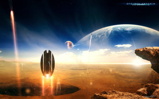 Space station rocket planet moon - free sci-fi wallpaper