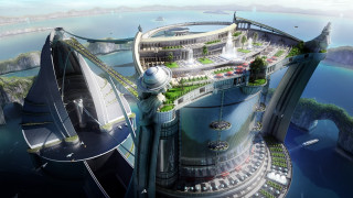 Futuristic city bridge water background - a large body of water free wallpaper