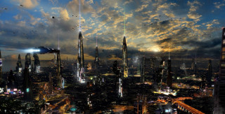 Futuristic city night birds flying - a futuristic city free wallpaper