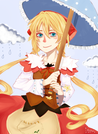 Cartoon girl blue umbrella red - a red cape free wallpaper