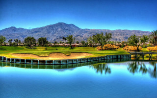 Golf course lake mountains bridge - superflat free wallpaper