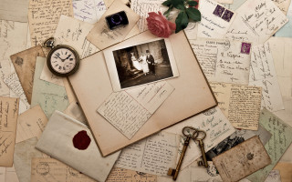 Old papers clock table rose - paper texture free wallpaper