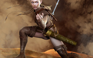 Steampunk woman sword holding outfit - epic fantasy character art free wallpaper