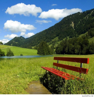 Red bench grass lake mountains - near free wallpaper