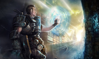 Futuristic man suit glowing orb - a distance free wallpaper