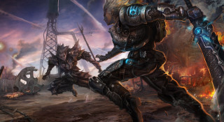 Couple people field giant robot - concept art free wallpaper