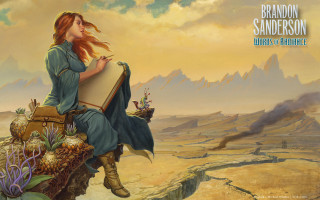 Woman sitting suitcase desert mountain - a painting of a woman free wallpaper