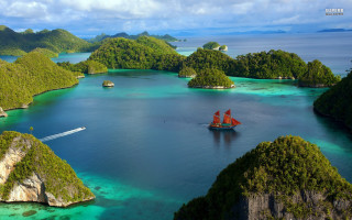 Lagoon green hills boat red - sumatraism free wallpaper