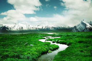 Stream lush field mountains snow - the background and snow free wallpaper