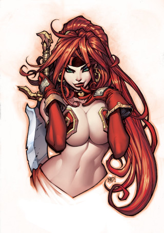 Woman red hair sword drawing - aleksi briclot free wallpaper