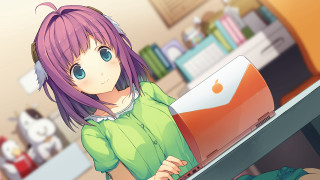 Girl purple hair typing laptop - a cat free wallpaper