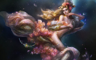 Floating flowers woman aurora moon - league of legends concept art free wallpaper