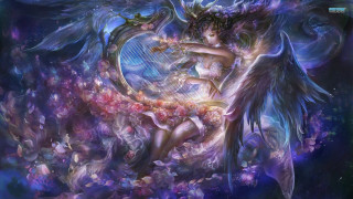 Woman wings harp painting artistic - a painting of a woman free wallpaper