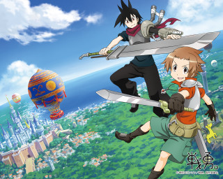 Anime couple swords cityscape balloon - sots art free wallpaper