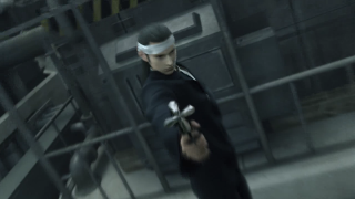 Man black coat gun blindfolded - his hand free wallpaper