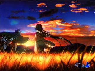 Anime characters field sunset sky - the sun setting behind them free wallpaper