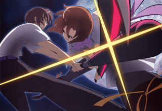 Anime characters swords sky yellow - a sky background behind them free wallpaper