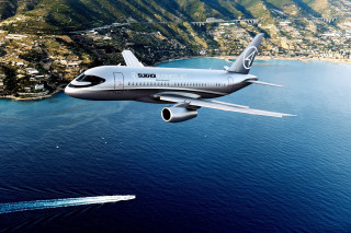 Jetliner flying water mountain range - the shore free wallpaper