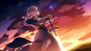 Woman sword sunset clouds stars 2 - a long dress holding free wallpaper