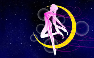 Woman sitting crescent star background - psychedelic free wallpaper