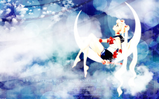 Woman flying crescent moon clouds - anime art free wallpaper