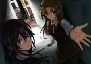 Anime girls hallway hands outside - serial art free wallpaper