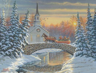 Church bridge carriage snow painting - a church in the background free wallpaper