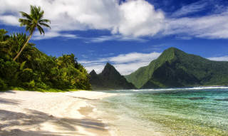 Bascove beach mountain water palm - a mountain in the background and a body of water free wallpaper