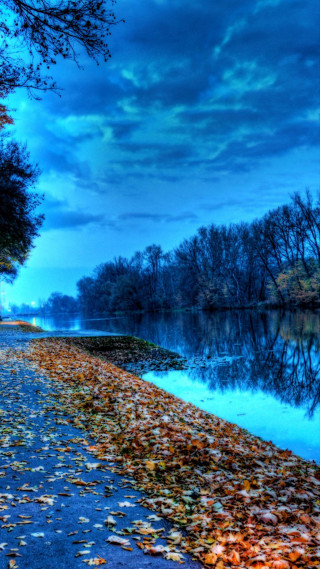 River leaves cloudy sky bench - impressionist free wallpaper