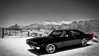 Black white car desert mountains - in the foreground free wallpaper