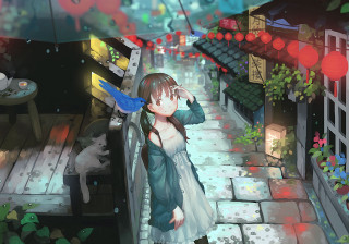 Girl rain umbrella cat sitting - art station free wallpaper