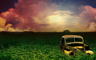 Car field sky clouds background - a tree in the foreground free wallpaper