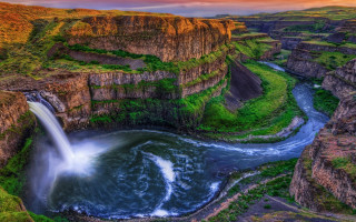 Waterfall river mountains sunset nature - a colorful sky free wallpaper