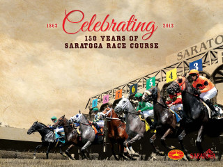 Horses racing saratoga 150 years - a banner in the background free wallpaper