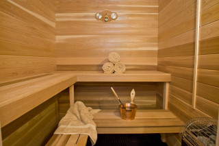 Sauna wooden bench towels soaps - diffuse free wallpaper