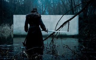 Man long coat sword water - conceptual art free wallpaper for desktop