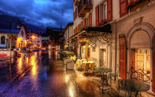 Rainy street tables chairs clock - evgeny lushpin free wallpaper