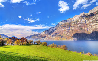Scenic lake house mountains blue - scenic free wallpaper