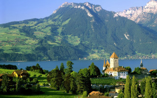 Village lake mountains church scenic - scenic free wallpaper