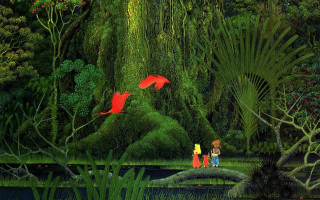 Couple forest red umbrellas waterfall - final fantasy free wallpaper