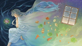 Woman blue dress sitting bed 4 - art station free wallpaper